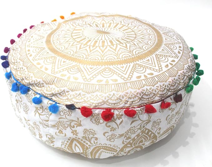 ICC Floor Pillows & Cushion covers Decorative Hippie Mandala Pouf Pillow covers Seating Meditation Cushion Cover Large Boho Ottoman Case Pillowcase Couch White Gold Matellic 16" Round - Bloomnest