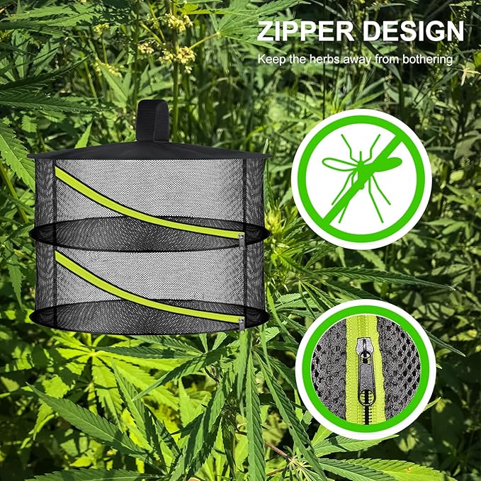 2 Layer Herb Drying Rack, Hanging Mesh Net, Foldable Plant Drying Rack with Diagonal Zipper, Garden Trimming Shears and Hooks, for Drying Herbs Plants, Fruits, Seafood, Clothing(2 Layers-23.62'') - Bloomnest