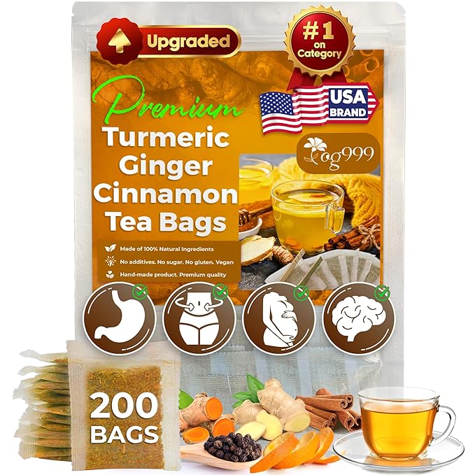 TOG999, 200 Bags Premium Turmeric Ginger Cinnamon Tea. Upgraded Version. Improve Digestion, Support Brain, Weight, Skin and Sleep. Eco-Conscious Tea Bags. No Sugar, No Caffeine, No Gluten, Vegan. - Bloomnest