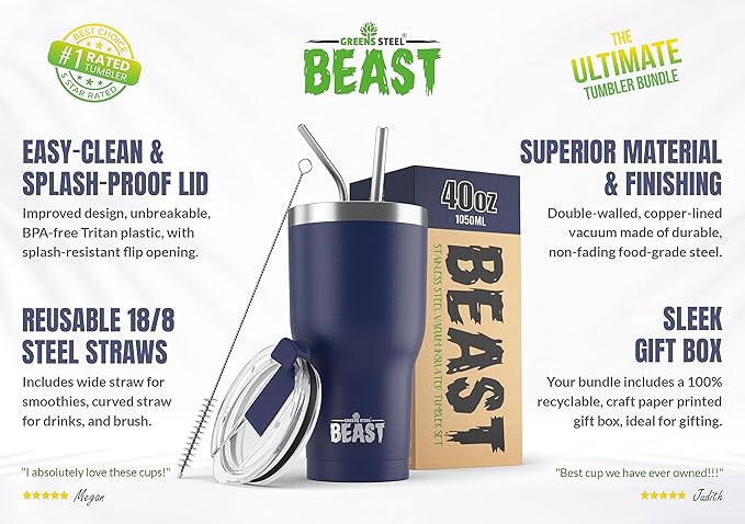 Beast 40 oz Tumbler Stainless Steel Vacuum Insulated Coffee Ice Cup Double Wall Travel Flask (Royal Blue) - Bloomnest