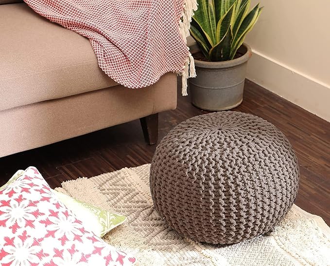 REDEARTH Round Pouf Foot Stool Bean Bag Ottoman - Hand Knitted Boho Pouffe - Home Decor Poof - Stuffed Foot Rest for Living Room - Nursery - Bedroom - Patio (19.5"x19.5"x14") - Taupe - Bloomnest