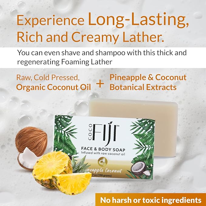 "Coco Fiji Soap Bar for Face and Body Infused With Organic Coconut Oil, Pineapple Coconut Essential Oil, Natural Soap for Moisturizing & Pore Purifying Skin, 7 oz, Pack Of 3 " - Bloomnest