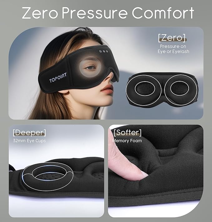 Sleep Mask with Headphones Bluetooth 5.4, TOPOINT 3D Eye Mask Blackout with Soft Bamboo Cotton for Side Sleepers Women Men, Sleep Headphones Earphones HD Speaker Microphone for Travel Meditation Gift - Bloomnest