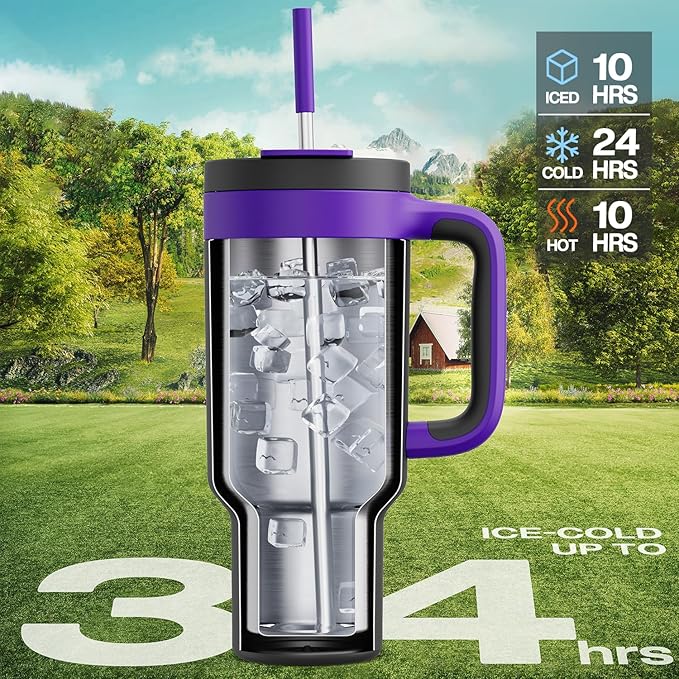 40 oz Tumbler with Handle, 2-in-1 Straw and Sip Lid, Leakproof, Dishwasher Safe, Insulated Stainless Steel Travel Coffee Mug, Keeps Cold for 34 Hours, Fits in Car Cup Holder (Iris) - Bloomnest