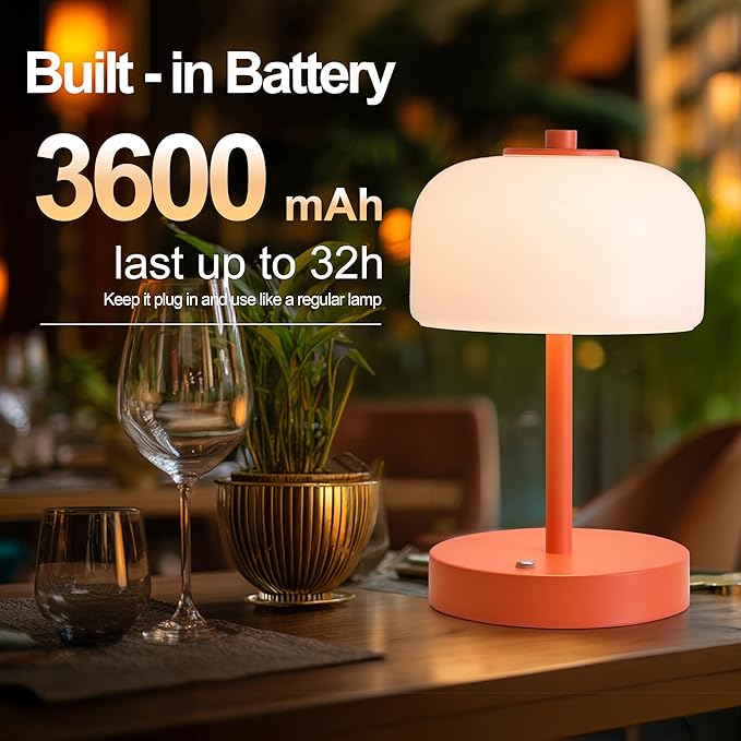 Oneach 9" Cordless Table Lamp, Orange Rechargeable Battery Operated Lamp, 3-Way Stepless Dimming Touch Lamps, Small Glass Bedside Nightstand Light for Bedroom Dining Table Living Room Shelf Decor - Bloomnest
