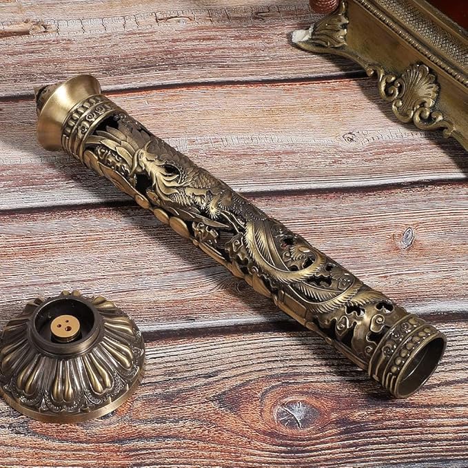 Incense Burner, Stick Incense Holder Brass Incense Holder, Bronze Dragon Phoenix Carving Incense Stick Vertical,Metal Holder Stand for Tea Room Decoration - Bloomnest