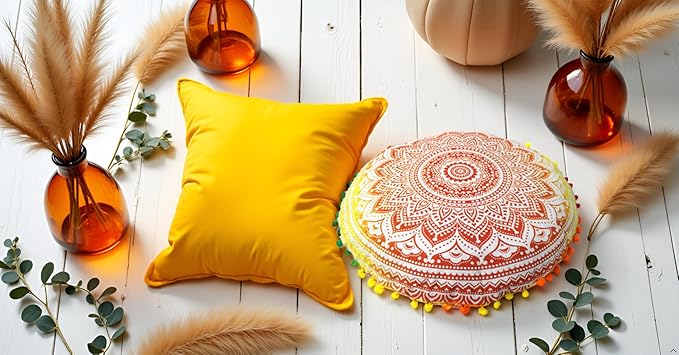 CRAFT KALA Boho Large Floor Pillow Pouf Cover Mandala Meditation Room Pillow Cover for Adults Round Bohemian Seating Pouf Cushion Cover for Kids Playroom 22" Yellow Orange Ombre - Bloomnest