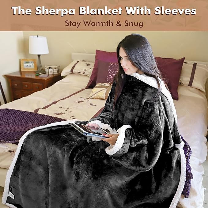 Tirrinia Sherpa Wearable Blanket With Sleeves, Full Body Throw Reading Wrap TV Blankets - Bloomnest