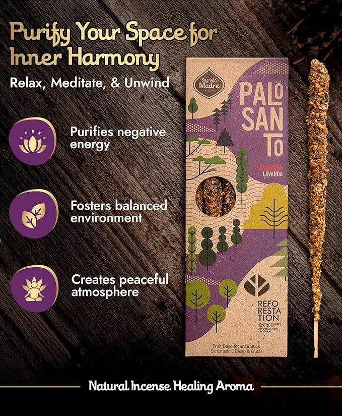 Sagrada Madre 4pcs Wildly Harvested Palo Santo Incense Sticks (Lavender), 6.7” Long - Non-Toxic, Aromatic Incense Sticks (50 min Approx. Burning Time) to Heal & Calm Your Body and Environment SagradaMadre