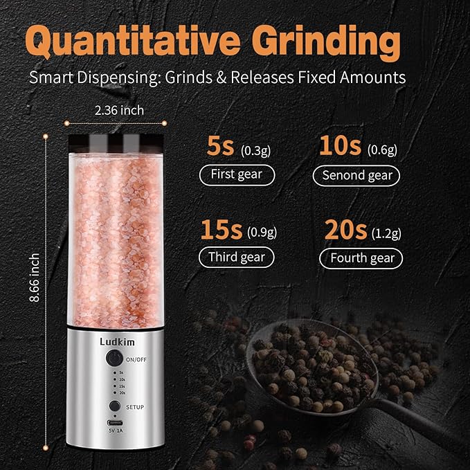 Stainless Steel Electric Pepper Grinder with Massive 240ML See-Through Hopper - USB-C Rechargeable, Adjustable 5-20s Timer, Powerful Ceramic Grinder for Salt, Peppercorns & Dry Spices (2025 Upgraded) - Bloomnest