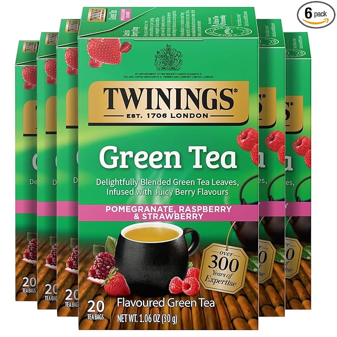 Twinings Green Tea with Pomegranate, Raspberry, & Strawberry Individually Wrapped Bags, 20 Count (Pack of 6), Caffeinated, Enjoy Hot or Iced, 120 Teabags - Bloomnest