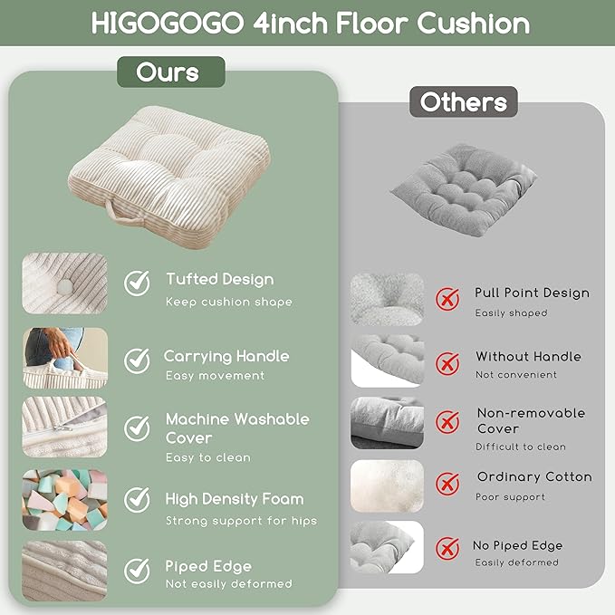 HIGOGOGO Washable Floor Pillow Cushion for Adults, Meditation Cushion Pillow, Large Square Floor Sitting, Removable Tufted Corduroy Cover, for Tatami Living Room or Yoga, 22x22 Inch, Machine Washable - Bloomnest