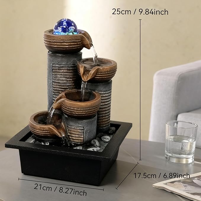 Soothing 4-Tier Tabletop Fountain with led Crystal Ball - Indoor Waterfall Fountain for Desk, Perfect Zen Decor for Office, Home, or Gift, Featuring Quiet Pump and Compact Design GIDITA