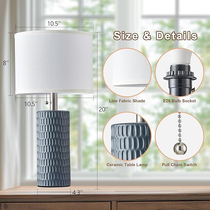 Table Lamps for Living Room Set of 2, Ceramic Table Lamps for Bedroom, 20" Modern Lamps for Night Stands, Grey - Bloomnest