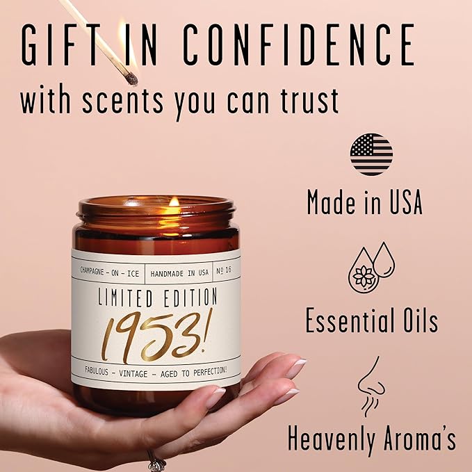 72nd Birthday Gifts for Women - 'Limited Edition 1953' Soy Candle, w/Champagne on Ice I 72 Birthday Gifts for Women I 72nd Birthday Gift for Her Ideas I 9oz Reusable Jar, 50Hr Burn, Made in USA - Bloomnest