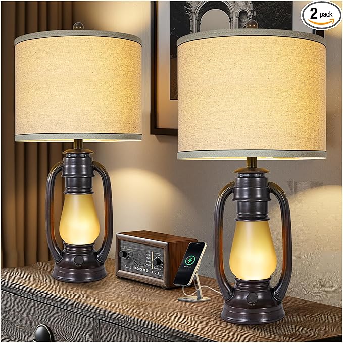 26'' Vintage Lantern Table Lamps Set of 2, Retro Bedside Nightstand Lamp with Nightlight and Linen Shade, Rustic Desk Lamp with USB A+C Ports, Farmhouse Table Lamps for Living Room Bedroom Study room - Bloomnest
