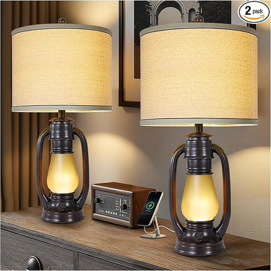 26'' Vintage Lantern Table Lamps Set of 2, Retro Bedside Nightstand Lamp with Nightlight and Linen Shade, Rustic Desk Lamp with USB A+C Ports, Farmhouse Table Lamps for Living Room Bedroom Study room - Bloomnest