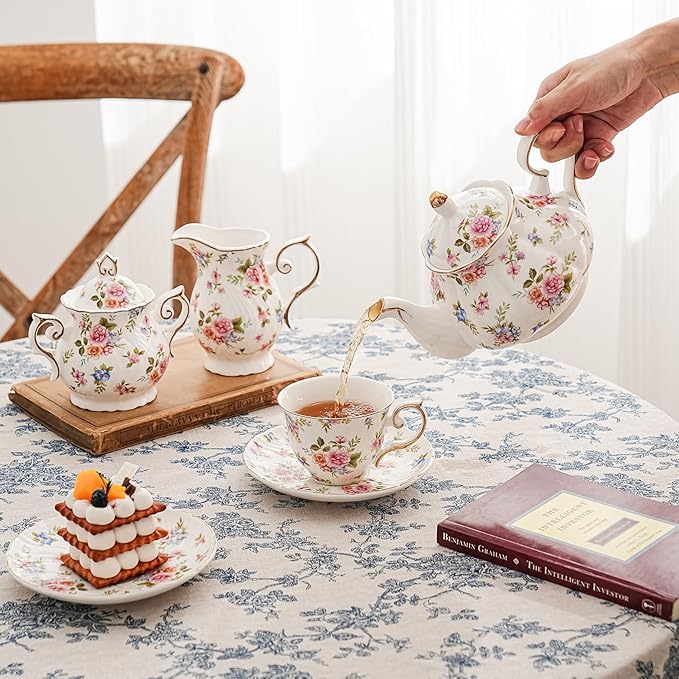 Flower Ceramic Teapot,22oz Porcelain Tea pot for Tea Coffee Milk for Office Home Men Women as Gift(White and small flowers) - Bloomnest