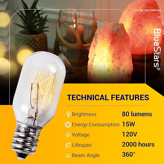 BlueStars E12 T20 Salt Lamp Bulb 120V 15W, 2700K Warm White, E12 Candelabra Base for Himalayan Salt Rock Lamps & Baskets, Scentsy Plug-in Wax Warmers, Night Lights - Pack of 8 - Bloomnest