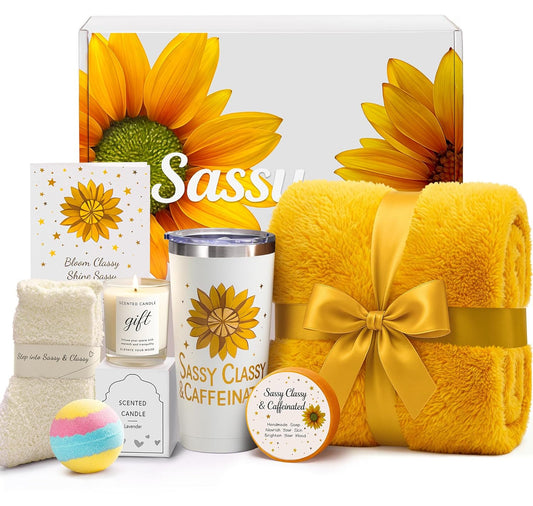 Christmas Sunflower Gift Set for Women - Birthday, Mother’s Day, Valentine's Day Gifts for Mom, Wife, Friends | Thoughtful Care Package - Cozy Blanket, Spa & Relaxation - Get Well Soon Baskets Gifts