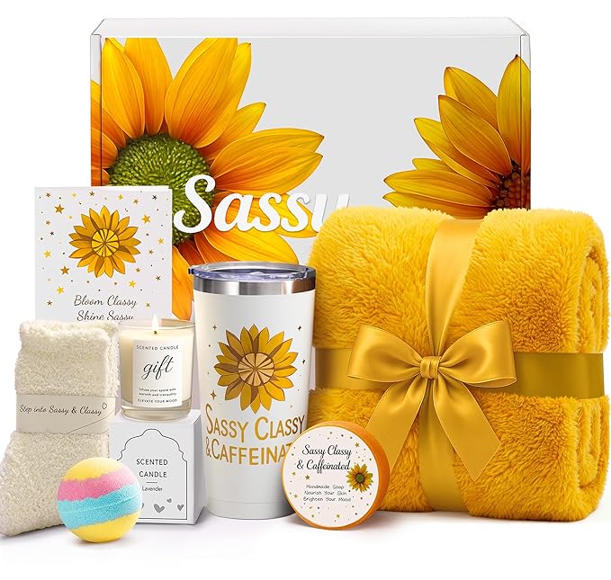 Christmas Sunflower Gift Set for Women - Birthday, Mother’s Day, Valentine's Day Gifts for Mom, Wife, Friends | Thoughtful Care Package - Cozy Blanket, Spa & Relaxation - Get Well Soon Baskets Gifts - Bloomnest