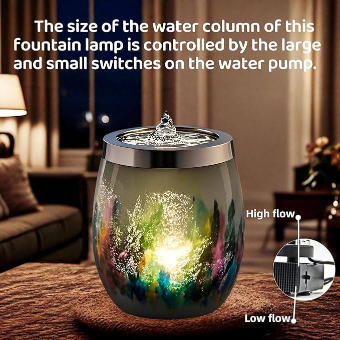 VOREEN Handblown Glass Tabletop Fountain - Art Glass Indoor Fountain with Cool White Ambient Glow - Optional Aromatherapy for Home, Spa, Office Décor - Grey - Bloomnest