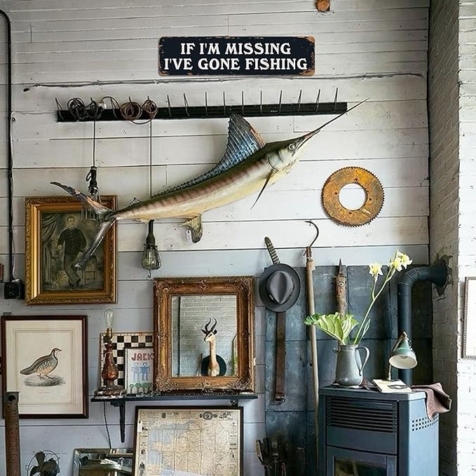 Funny Gone Fishing Sign - Vintage Metal Tin Wall Art Decor for Home - If I'm Missing I've Gone Fishing - Fisherman Picture Gifts 4x16 Inch - Bloomnest