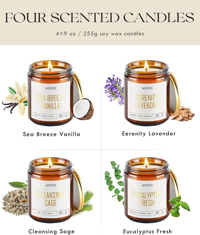 AOOVOO Scented Candles - 4PC Candle Set, 36 oz Soy Candles, Soy Candle for Home Scented, Lavender/Vanilla/Eucalyptus/Sage - Bloomnest