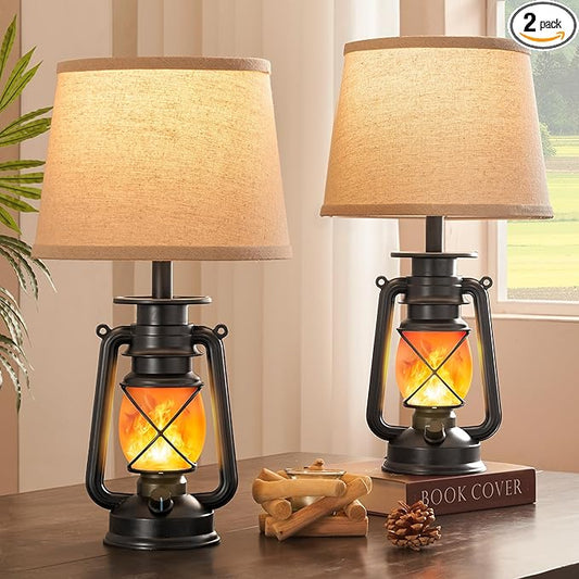 LEDIARY 18.72" Black LED Lantern Flickering Flame Table Lamps for Bedrooms Set of 2, Small Farmhouse Rustic End Table Lamps, Halloween Decorative Lantern Bedside Lamps for Living Room - Bloomnest
