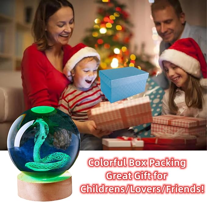 3D Large Snake Crystal Ball Night Light with Wooden Base, Cobra Crystal Lamp Gift for Kids Wife Friends, 16 Color Changing with Remote Control, Laser Engraved 3.15 inch Glass Ball Lamp (Snake) - Bloomnest