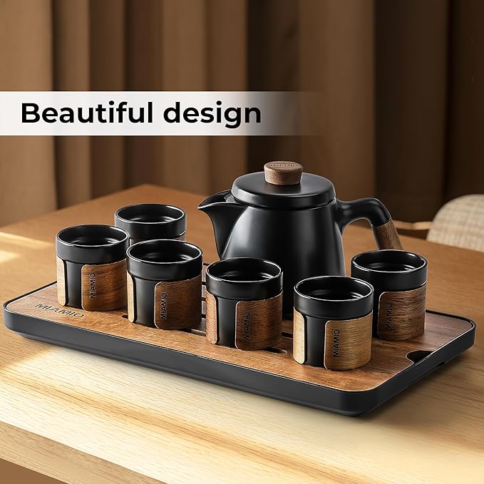 MIAMIO - Japanese/Chinese Tea Set 6 x 3.4 oz/Asian Tea Pot 21 oz with Tea Infuser, Traditional Japanese Tea Cups Set for Tea Lovers/Men/Women (Black) - Bloomnest