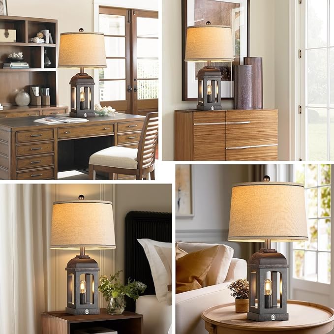 QiMH Table Lamp for Living Room, Farmhouse Lamps with USB A+C and Nightlight, 26" Rustic Bedside Lamps with 3-Way Dimmable Touch Control, Nightstand Lamp for Bedroom, Bronze, 1 Pack - Bloomnest