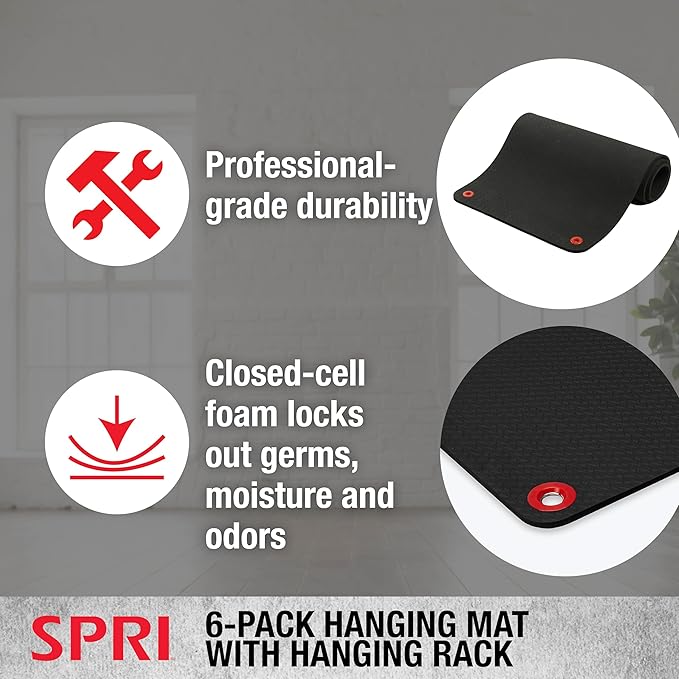 SPRI Hanging Bulk Fitness Mats + Rack, 15mm, 56” x 23" Black, 6 Pack, Closed-Cell Foam Bulk Yoga Mats for Gyms, Dance Studios, Ballet, Low-Impact Training & Commercial Spaces, Reinforced Grommets - Bloomnest