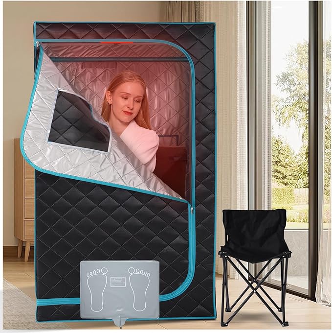 Smartmak Portable Infrared Sauna Box for Home with 660nm Red Light Therapy Lamp, Full Body Dry Sauna Tent, Personal Saunas with 6 Carbon Fiber Panels, Foot Pad, Foldable Chair for Body Recovery Smartmak