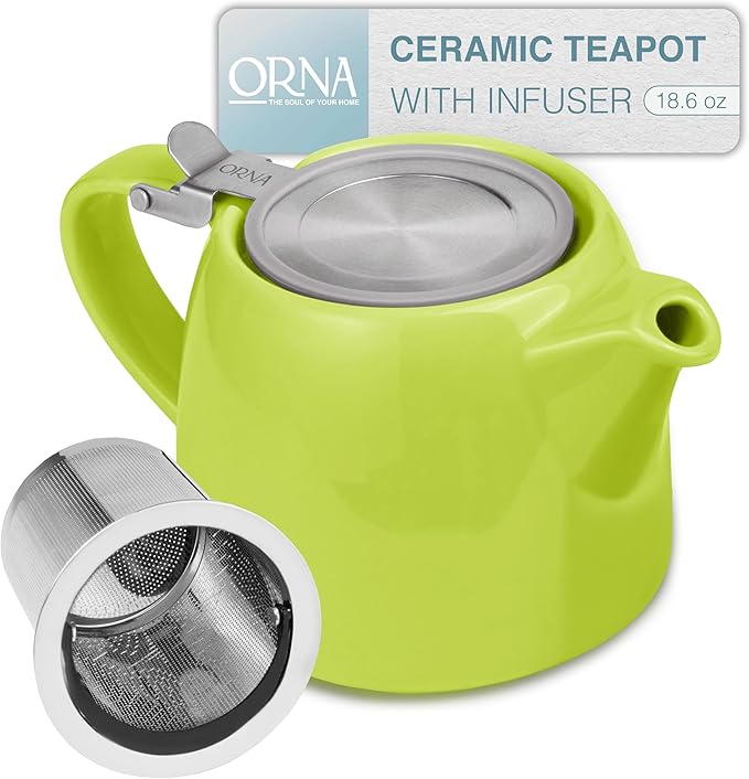 ORNA Ceramic Teapot with Tea Infuser – Small Tea Pot for Loose Leaf Tea – 550ml / 18.6 Oz Porcelain Non-Stove Teapot for 2 Cups with Tea Strainer (Lime) - Bloomnest