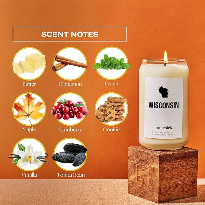 Homesick Scented Candles for Home (Wisconsin) - 13.75 oz Long-Lasting Soy Wax Jar Candle for Women & Men for All Occasions, 60-80 Hours Burn Time - Notes of Butter, Maple & Cranberry - Bloomnest