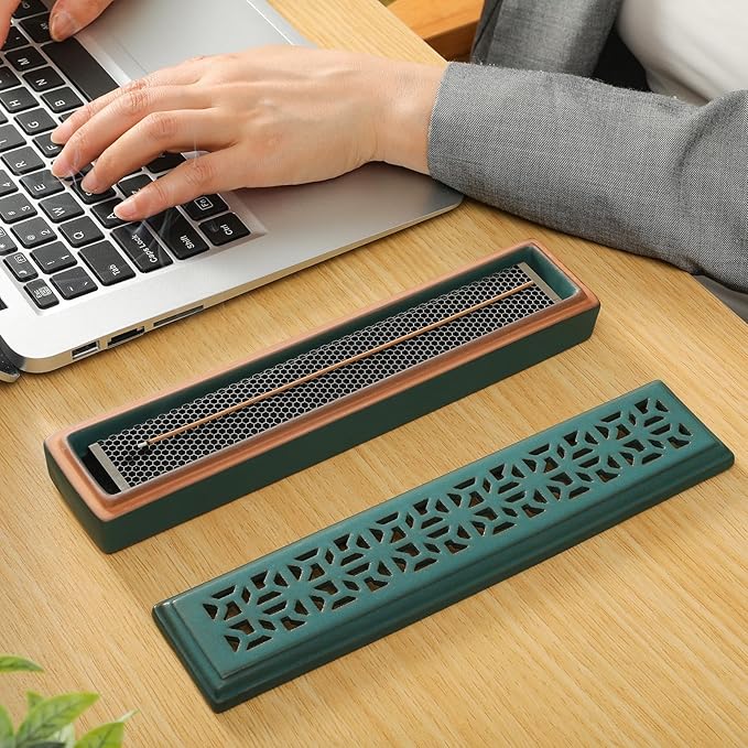 CEREMONY Incense Holder,Ceramic Incense Holder for Sticks with Ash Catcher,Coffin Style Incense Box,Incense Burner for Meditation Yoga Spa Room Decor(Green)