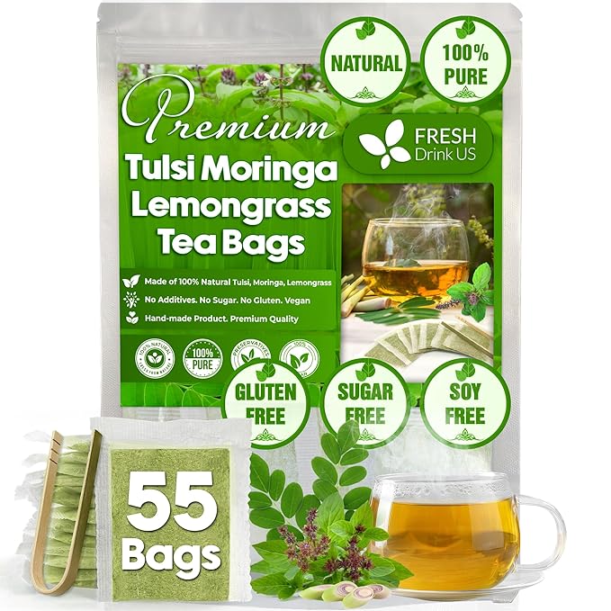 FreshDrinkUS, Premium 55 Tea Bags Tulsi Moringa Lemongrass, 100% Natural & Pure from Tulsi Holy Basil Leaves, Moringa & Lemongrass. Made with Natural Material Tea Bags. No Sugar, No Caffeine, Vegan. - Bloomnest