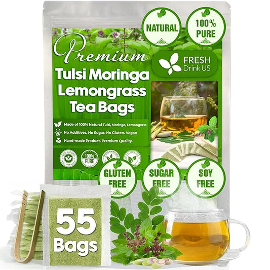 FreshDrinkUS, Premium 55 Tea Bags Tulsi Moringa Lemongrass, 100% Natural & Pure from Tulsi Holy Basil Leaves, Moringa & Lemongrass. Made with Natural Material Tea Bags. No Sugar, No Caffeine, Vegan. - Bloomnest