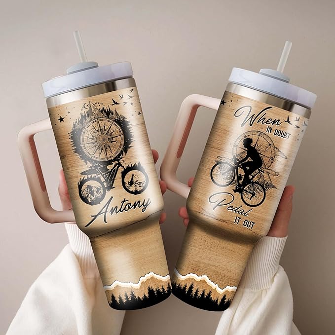 WAZONE Personalized Cycling Tumbler 40oz with Handle and Straw Custom Name When In Doubt Pedal It Out Stainless Steel Tumblers Travel Mug Cup Bicycle Funny Gift For Bikers Cyclists Women Men - Bloomnest