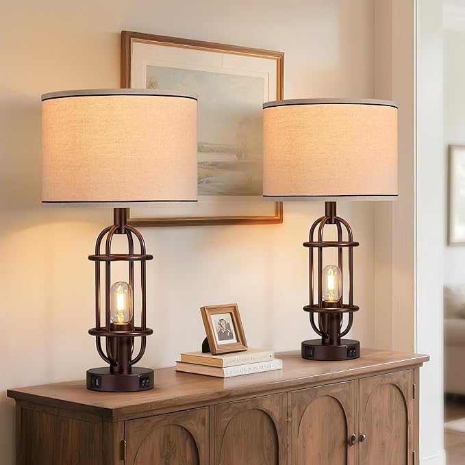Living Room Lamps Set of 2, 22.3" Farmhouse Table Lamp for Bedroom, Vintage Lamps for Night Stands with USB Ports, Oil Rubbed Bronze - Bloomnest