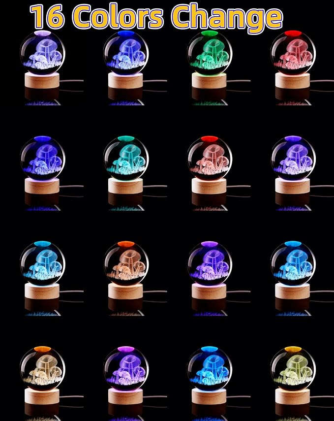 3.15 inch Mushroom Crystal Ball lamp,3D K9 Mushroom Crystal Ball Night Light with Wooden Base,16 Colors Change with Remote Control (Moon) - Bloomnest
