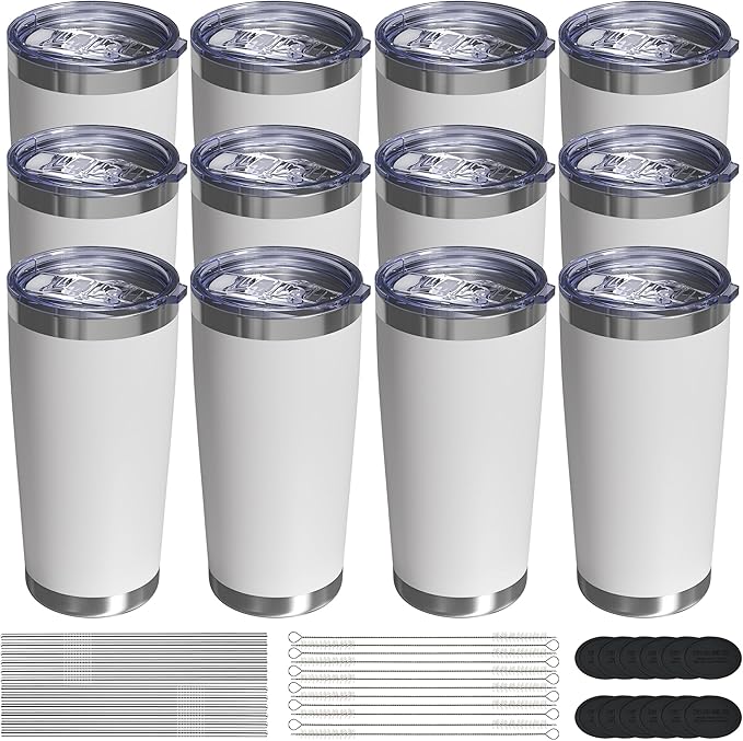 Travel Coffee Tumbler 20oz, 12 Pack Leakproof Travel Coffee Mug with Lid and Straw, Stainless Steel Double Wall Vacuum Insulated Tumbler for Hot/Iced Drinks (Textured Matte, White) - Bloomnest