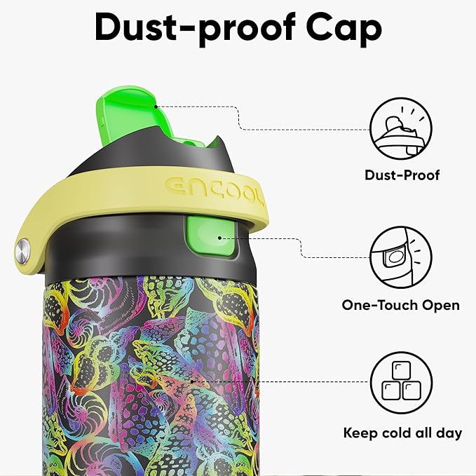 ENCOOL Leakproof Insulated Water Bottle with Straw Dual-Sip Water Bottle Bag-Safe Design for Work, Commute & Gym – Keeps Drinks Cold All Day, 24 oz, Neon Conch ENCOOL