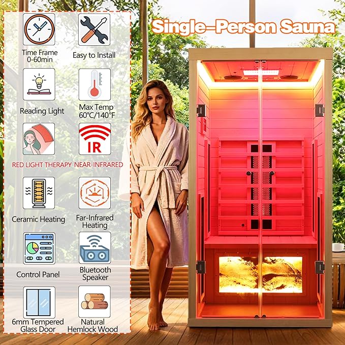 Hemlock 1 Person Infrared Sauna with Red Light Therapy, 1810W/120V Ceramic Far Infrared Sauna with 660nm & 850nm Red Light Therapy Lamp, 5x280W Ceramic Heaters, Bluetooth Speaker, Granite Back Panel KUNSANA