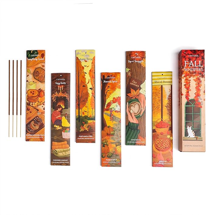 Carnatia Fall Whispers Incense Set – 6 Autumn Scents for Seasonal Warmth | Cozy Comfort & Inviting Ambience | Premium Quality Incense Sticks for Fall Vibes