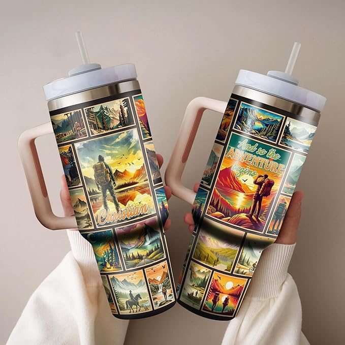 WAZONE Personalized Adventures Tumbler 40oz with Handle and Straw Custom Name And So The Adventure Vacuum Stainless Steel Insulated Coffee Mug Birthday Gifts For Traveling Lover Men Him Dad Papa - Bloomnest
