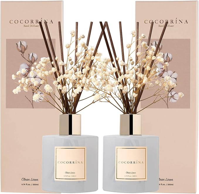 Cocorrína Reed Diffuser Set, 6.7 fl.oz Clean Linen 2 Packs Scented Diffuser with Sticks Home Fragrance Reed Diffuser for Bathroom Shelf Decor - Bloomnest