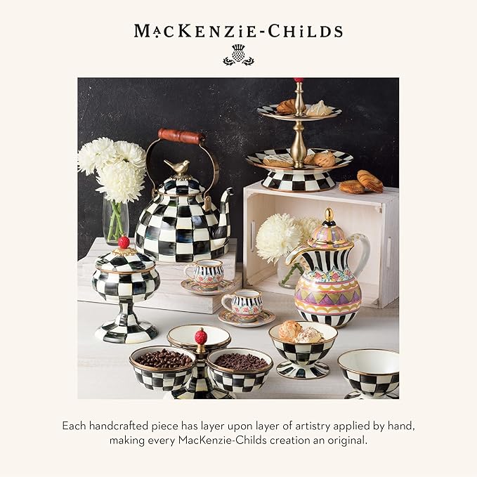 MACKENZIE-CHILDS Enamel Teapot, Cute Small Teapot with Lid, 4-Cup Capacity, Black-and-White Courtly Check - Bloomnest