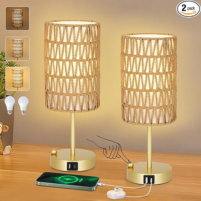 Gold Bedside Lamps Set of 2, Touch Control Night Stand Lamp for Bedroom with Rattan & Linen Shade & Bulbs, 3 Way Dimmable Small Boho Table Lamps with USB Charging Port & Phone Stand - Bloomnest
